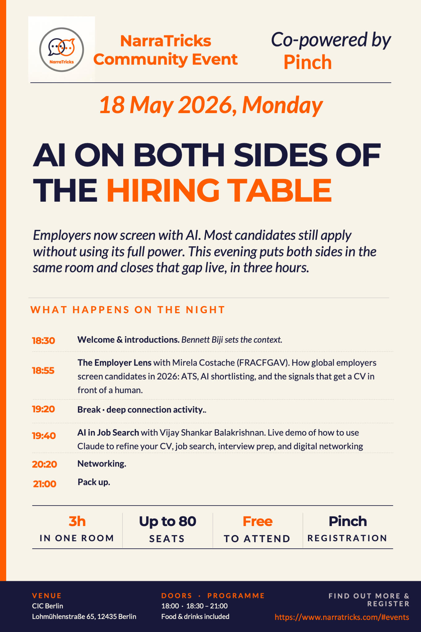 NarraTricks Community Event 1 Free to attend · Registration required AI on Both Sides of the Hiring Table Employers now screen with AI. Most candidates still apply without it. This evening puts both sides in the same room — and closes that gap live, in three hours. A NarraTricks commun